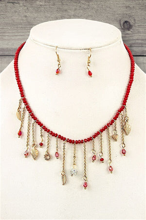 GLASS BEAD LEAF CHARMS CHAIN DANGLE NECKLACE EARRING SET