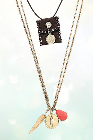 TRIBAL THEME ETCHED LEAF STONE PENDANT CORD POUCH LAYERED NECKLACE AND EARRING SET