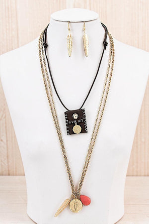 TRIBAL THEME ETCHED LEAF STONE PENDANT CORD POUCH LAYERED NECKLACE AND EARRING SET