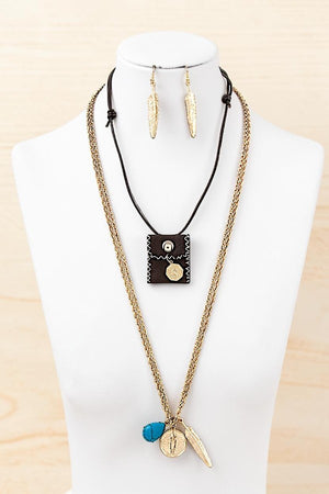 TRIBAL THEME ETCHED LEAF STONE PENDANT CORD POUCH LAYERED NECKLACE AND EARRING SET