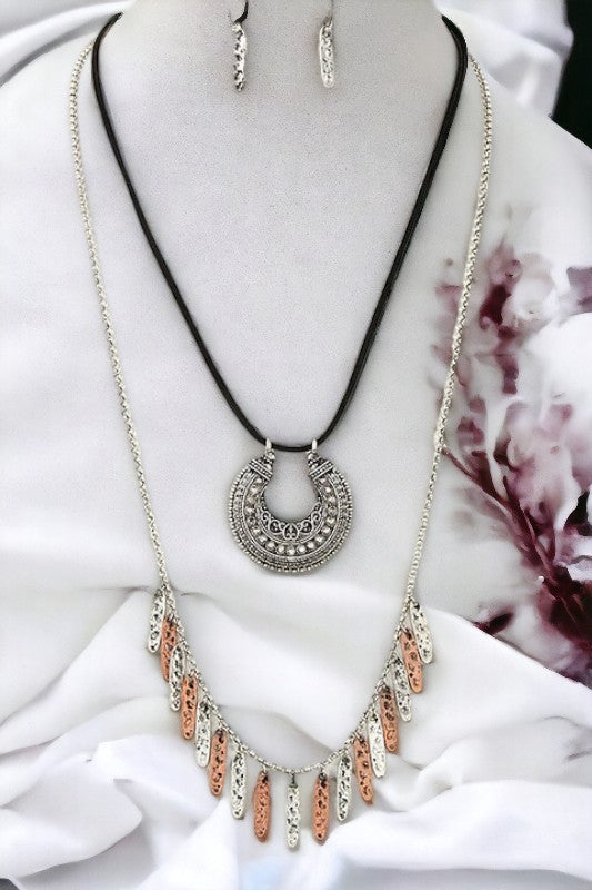 Layered Dangling Ornate Pendant Necklace Set