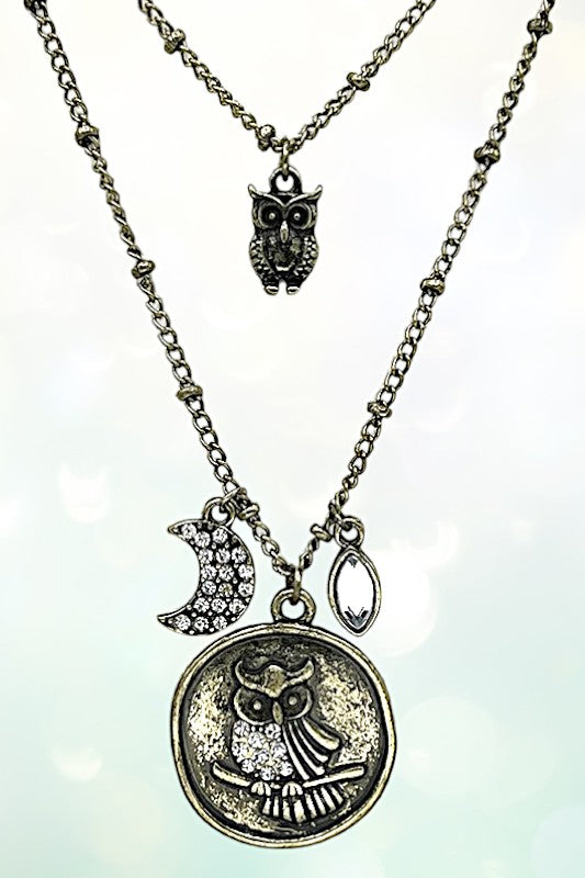 Etched Owl Pendant Layered Necklace