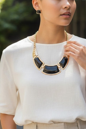 TRIPLE BLACK STONE LINK BIB NECKLACE AND MATCHING EARRING SET