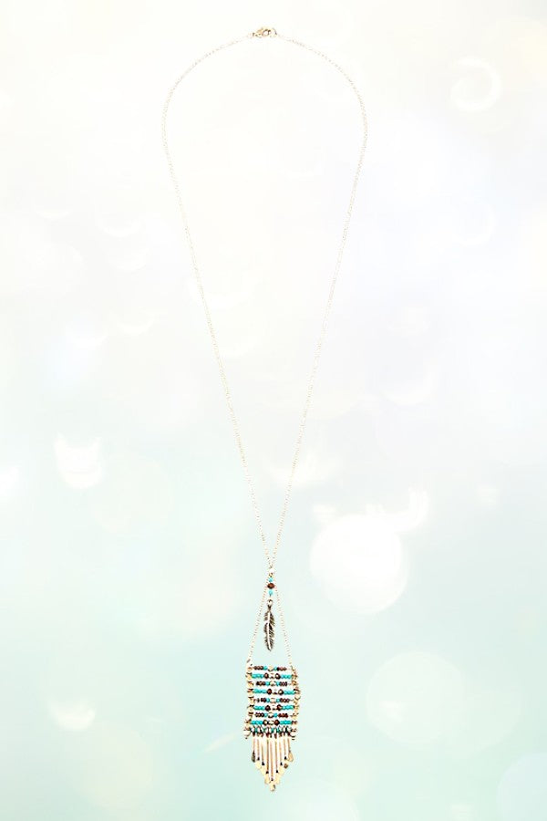 BEADED FRINGE BAR PENDANT LONG NECKLACE