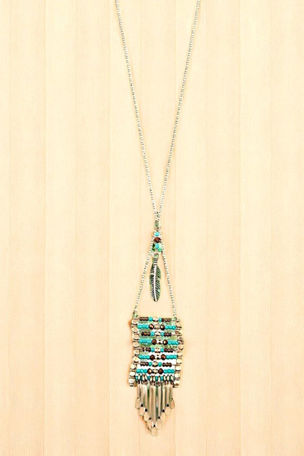 BEADED FRINGE BAR PENDANT LONG NECKLACE