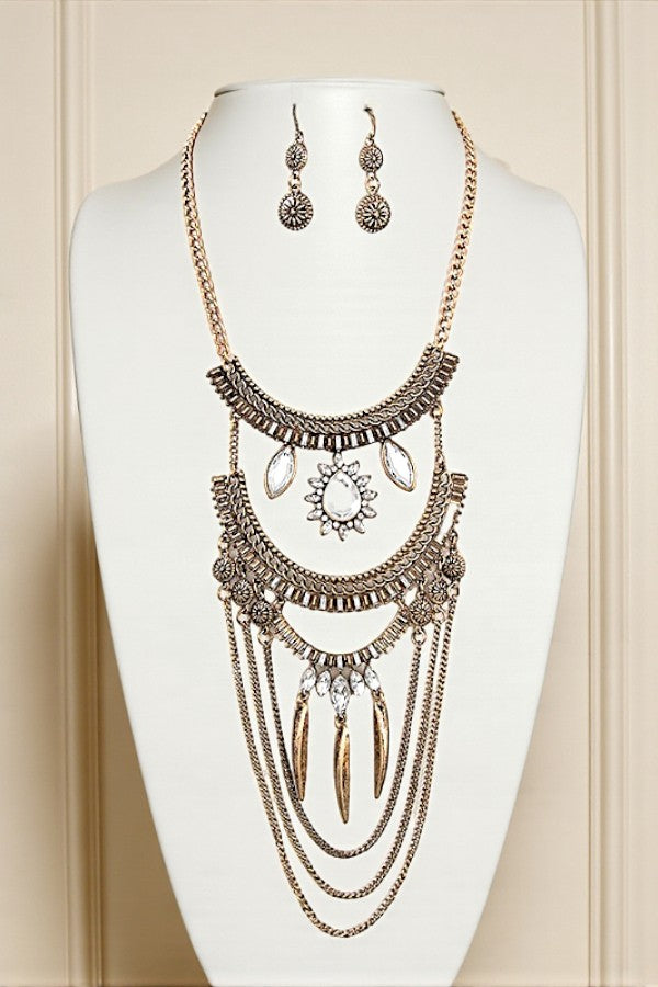CRYSTAL GEM DRAPED CHAIN BIB NECKLACE SET