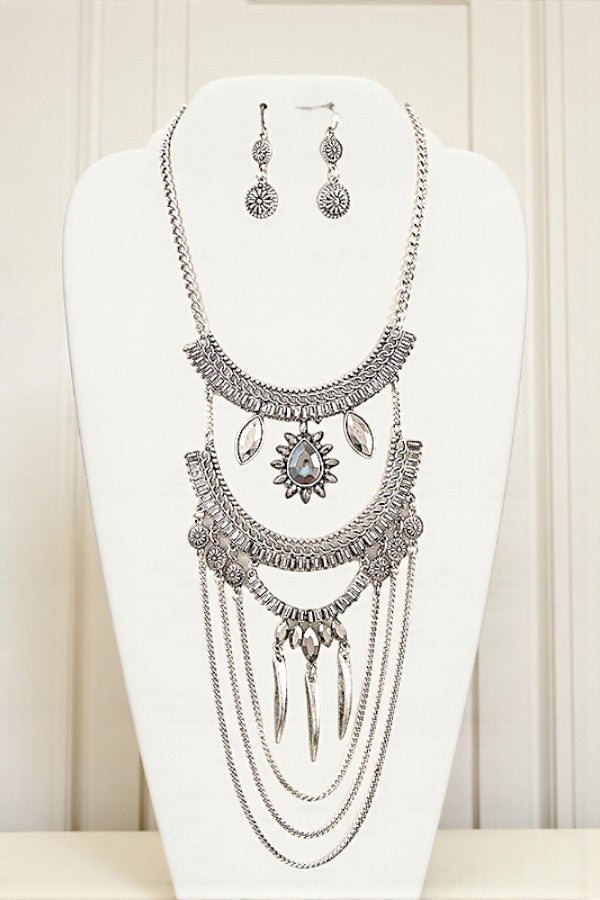 CRYSTAL GEM DRAPED CHAIN BIB NECKLACE SET