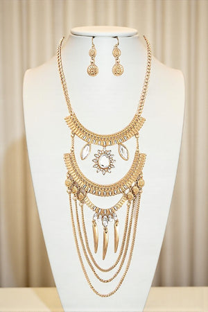 CRYSTAL GEM DRAPED CHAIN BIB NECKLACE SET