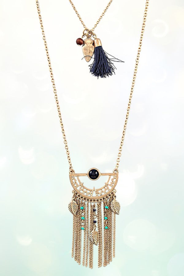 TRIBAL CHAIN FRINGE LAYERED NECKLACE SET