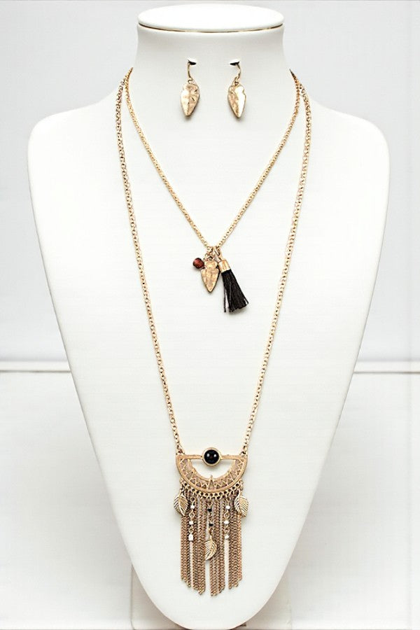 TRIBAL CHAIN FRINGE LAYERED NECKLACE SET