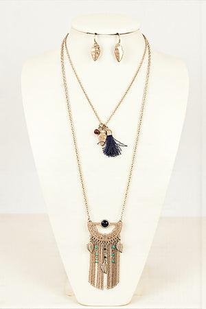 TRIBAL CHAIN FRINGE LAYERED NECKLACE SET