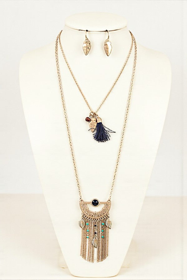 TRIBAL CHAIN FRINGE LAYERED NECKLACE SET