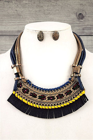 MULTI LEATHER CORD SUEDE FRINGE BIB NECKLACE SET