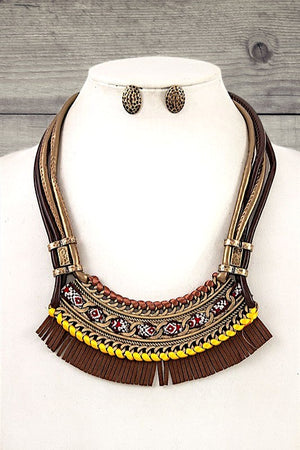 MULTI LEATHER CORD SUEDE FRINGE BIB NECKLACE SET