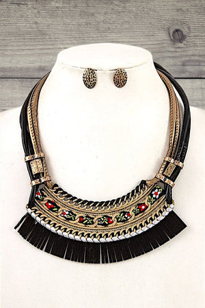 MULTI LEATHER CORD SUEDE FRINGE BIB NECKLACE SET