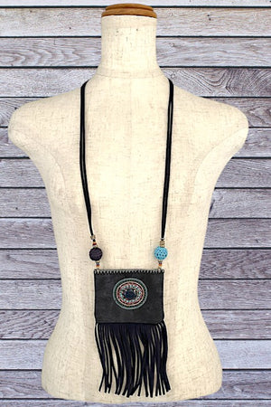 Gem Ornate Long Tassel Faux Suede Necklace