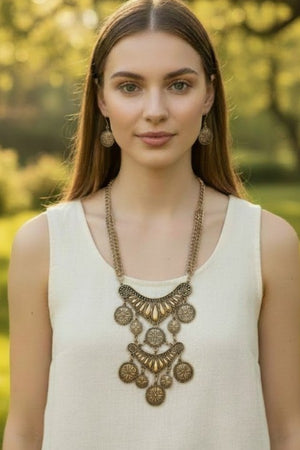 ETCHED COIN LINK DANGLE BIB NECKLACE EARRING SET