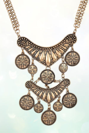 ETCHED COIN LINK DANGLE BIB NECKLACE EARRING SET