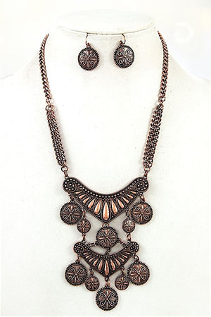 ETCHED COIN LINK DANGLE BIB NECKLACE EARRING SET