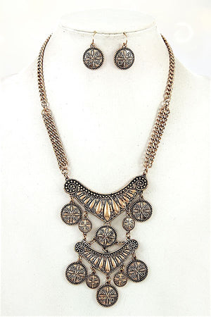 ETCHED COIN LINK DANGLE BIB NECKLACE EARRING SET