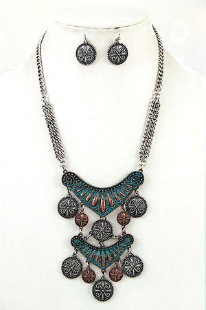 ETCHED COIN LINK DANGLE BIB NECKLACE EARRING SET
