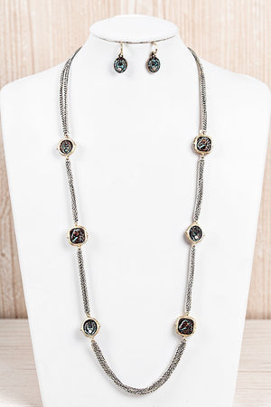 ELONGATED MULTI CHAIN ETCHED HORSE STATIONED NECKLACE AND DANGLE EARRING SET