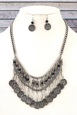 MULTI DANGLE ETCHED DISK BIB NECKLACE SET