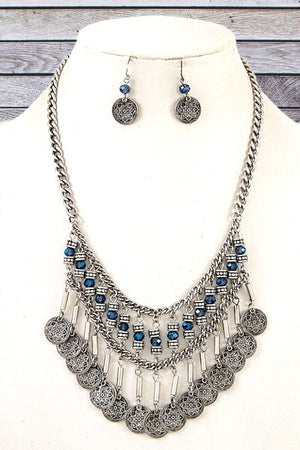 MULTI DANGLE ETCHED DISK BIB NECKLACE SET