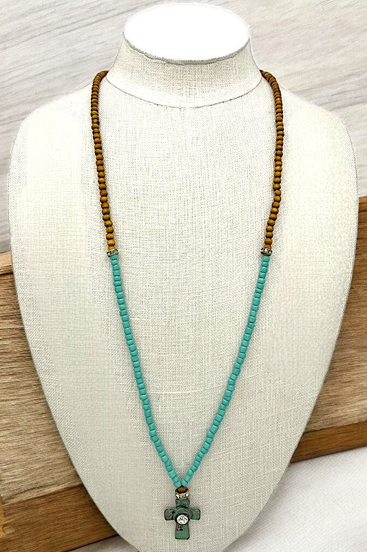 Bead Cross Tassel Pendant Long Necklace