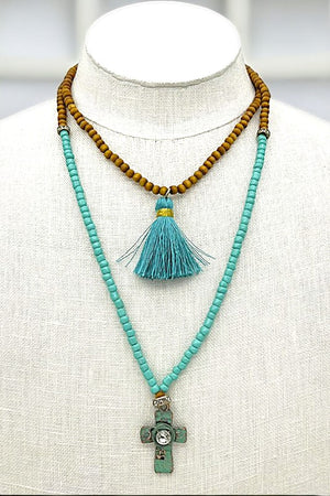 Bead Cross Tassel Pendant Long Necklace