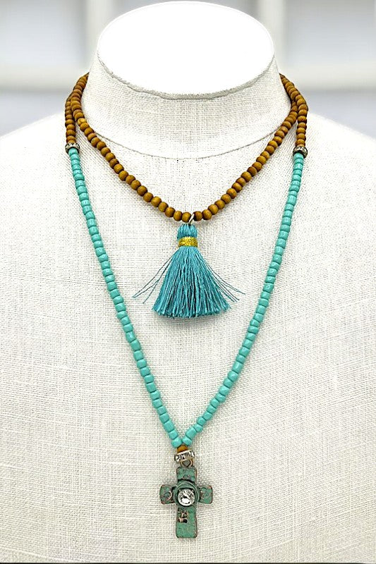 Bead Cross Tassel Pendant Long Necklace