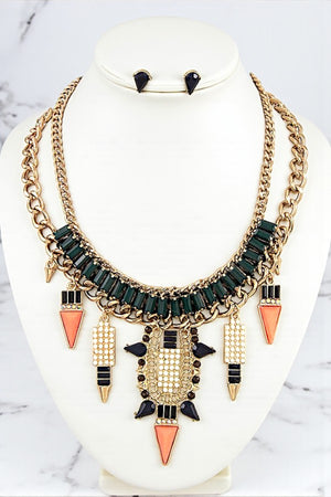 SPIKE FACETED STONE FRINGE BIB NECKLACE SET