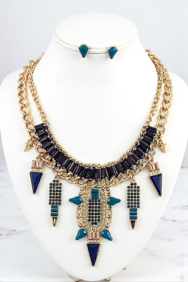 SPIKE FACETED STONE FRINGE BIB NECKLACE SET