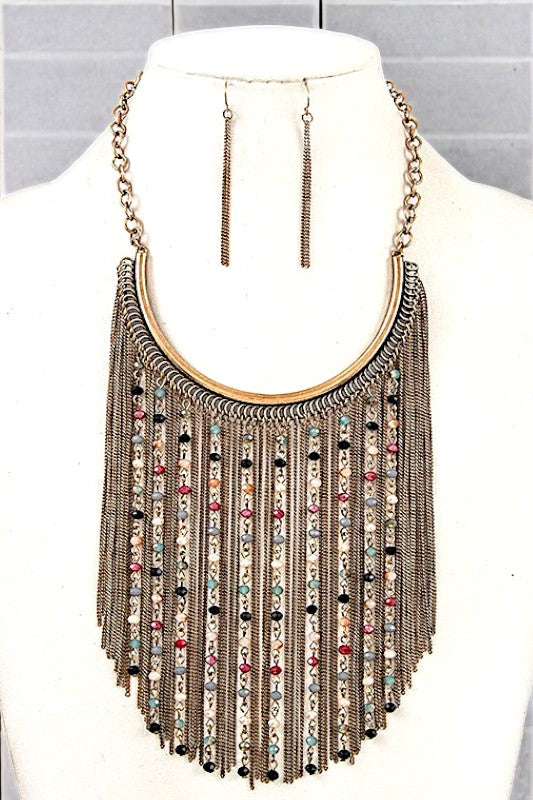 BEADED FRINGE CHAIN BIB NECKLACE SET