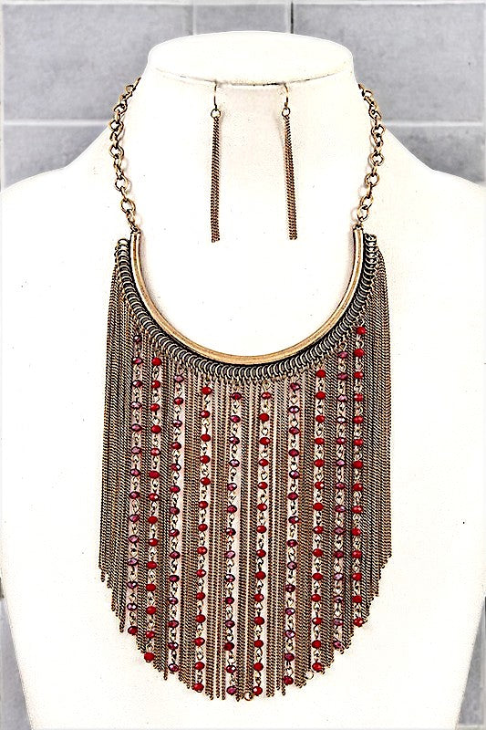 BEADED FRINGE CHAIN BIB NECKLACE SET