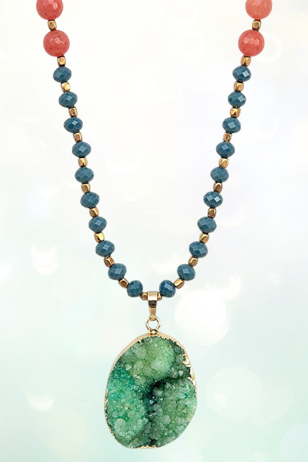 GLASS BEAD DRUZY STONE PENDANT LONG NECKLACE