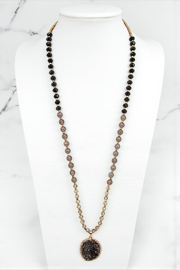 GLASS BEAD DRUZY STONE PENDANT LONG NECKLACE
