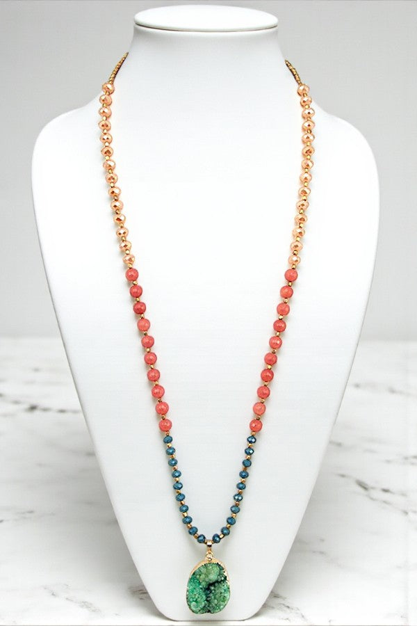 GLASS BEAD DRUZY STONE PENDANT LONG NECKLACE