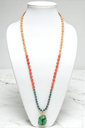 GLASS BEAD DRUZY STONE PENDANT LONG NECKLACE