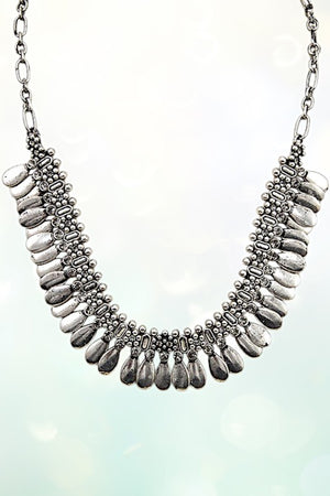 TRIBAL ETCHED BURNISHED SILVER BIB NECKLACE SET