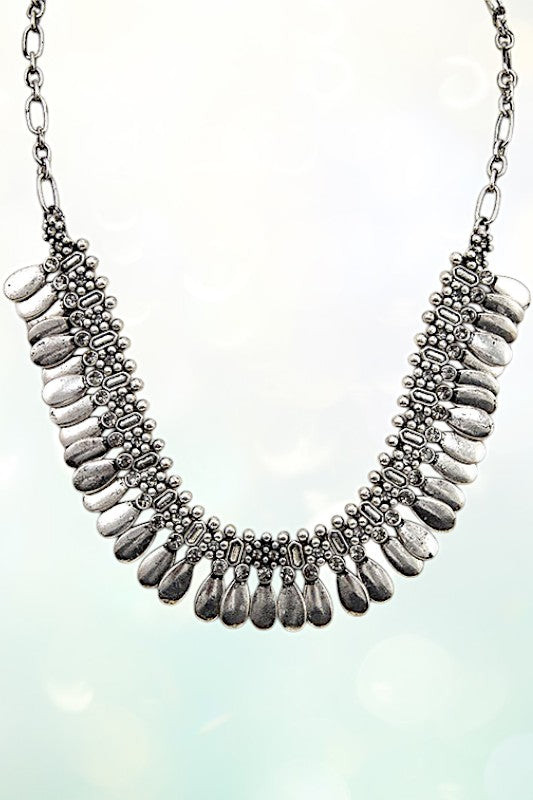 TRIBAL ETCHED BURNISHED SILVER BIB NECKLACE SET