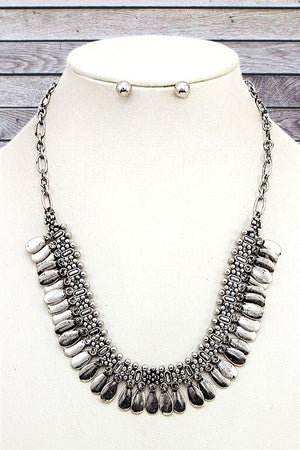 TRIBAL ETCHED BURNISHED SILVER BIB NECKLACE SET