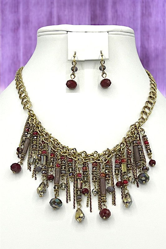 Fringe Glass Bead BIb Necklace Set