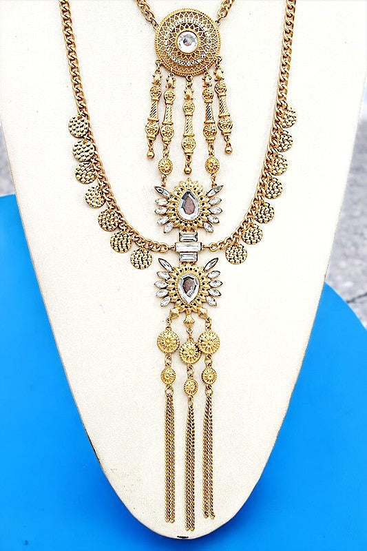 CRYSTAL FRAMED TIERED CHAIN NECKLACE SET