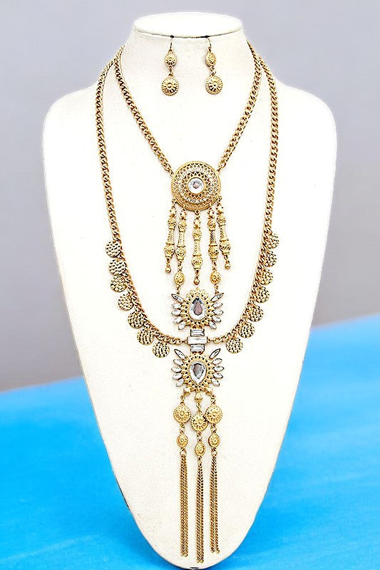 CRYSTAL FRAMED TIERED CHAIN NECKLACE SET