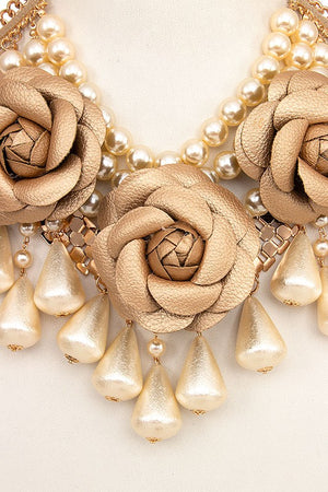 FAUX LEATHER FLOWER DANGLE BIB NECKLACE SET