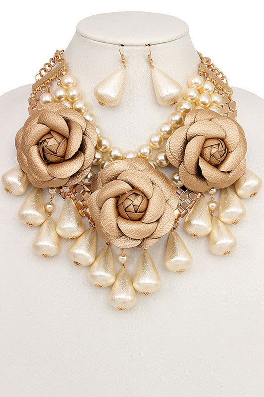 FAUX LEATHER FLOWER DANGLE BIB NECKLACE SET