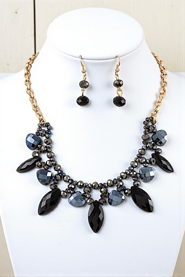 FACETED GEM BEAD BIB NECKLACE SET