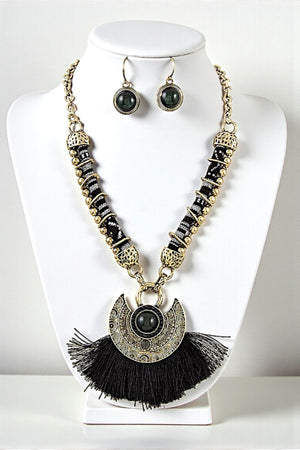 TASSEL FAN PENDANT CORD CHAIN NECKLACE SET