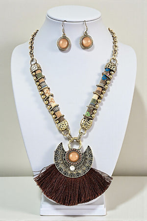 TASSEL FAN PENDANT CORD CHAIN NECKLACE SET